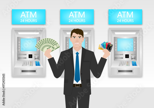 Businessman Using Credit Card to Withdraw Money from ATM. Vector Illustration.