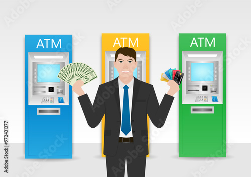 Businessman Using Credit Card to Withdraw Money from ATM. Vector Illustration.