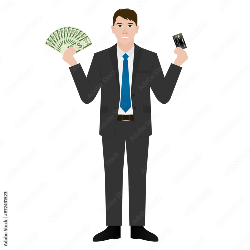 Businessman Holding Dollar Cash and Credit Card. Vector Illustration. Businessman Holding Dollar Cash and Credit Card. Vector Illustration.