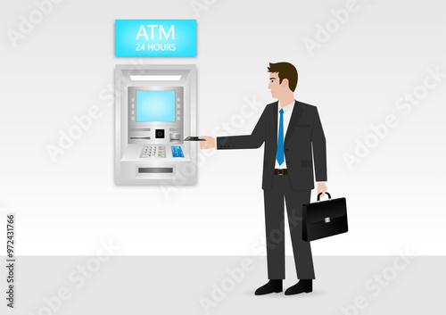 Businessman Using Credit Card to Withdraw Money from ATM. Vector Illustration.