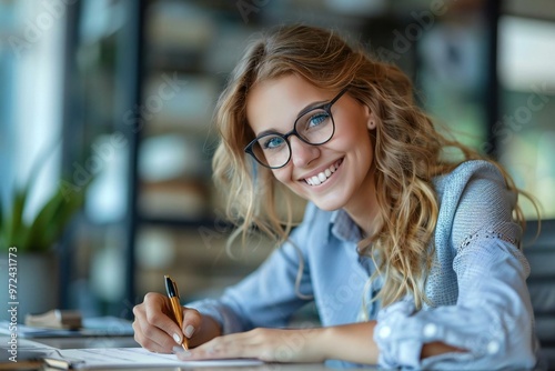 Beautiful woman with eyeglasses smiling and signing a cheque in her office, looking at the camera. photo