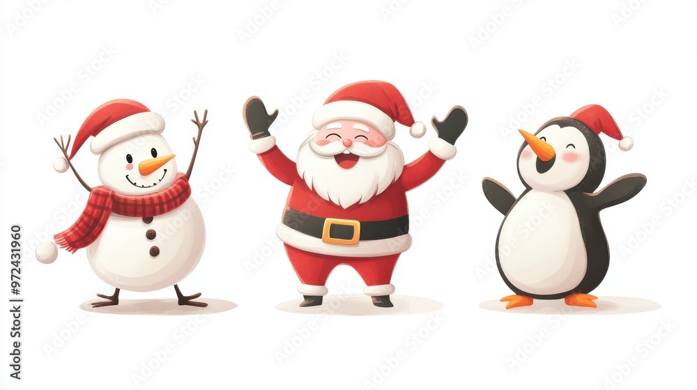 Playful Christmas character vector set with Santa Claus, snowman, and penguin, Playful Christmas character vector set with Santa Claus, snowman, and penguin,