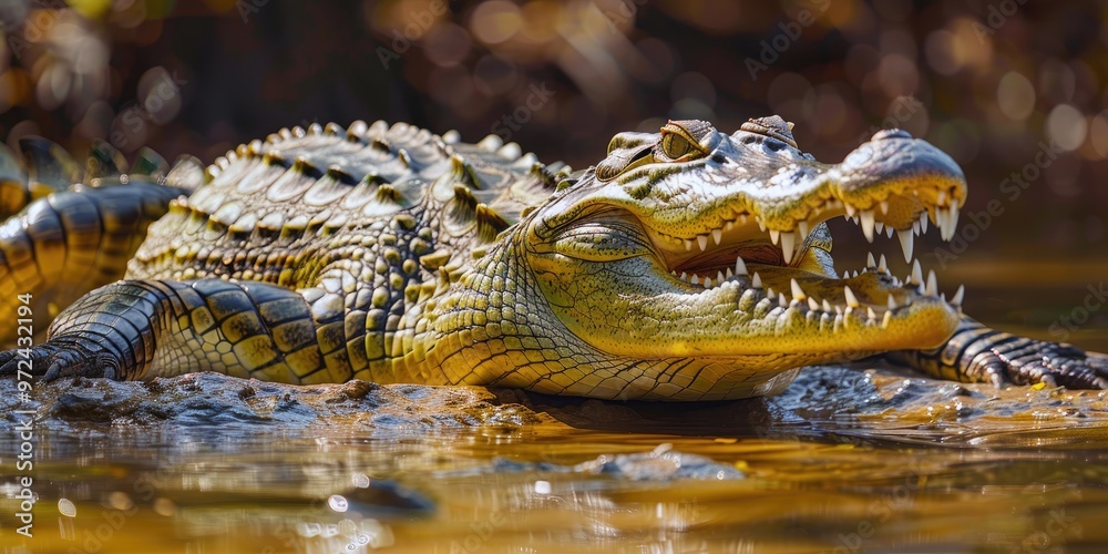 Fototapeta premium Crocodile lounging in the sunlight with its mouth wide open.