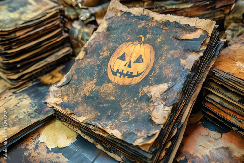 Halloween themed decrative paper, junk journal paper. Vintage Halloween book documents Collection on Wooden Desk
 photo