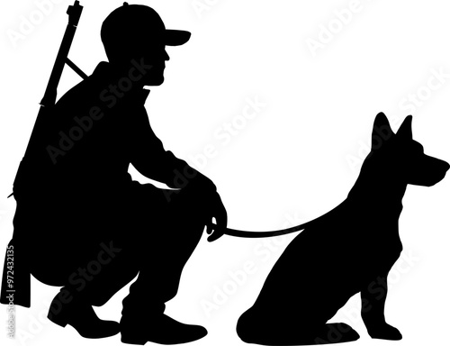 Vektor Silhouette Körper - Jäger mit seinem Jagdhund in der Hocke - Auf der Pirsch - Gewehr auf dem Rücken