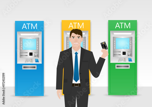 Businessman Using Credit Card to Withdraw Money from ATM. Vector Illustration.