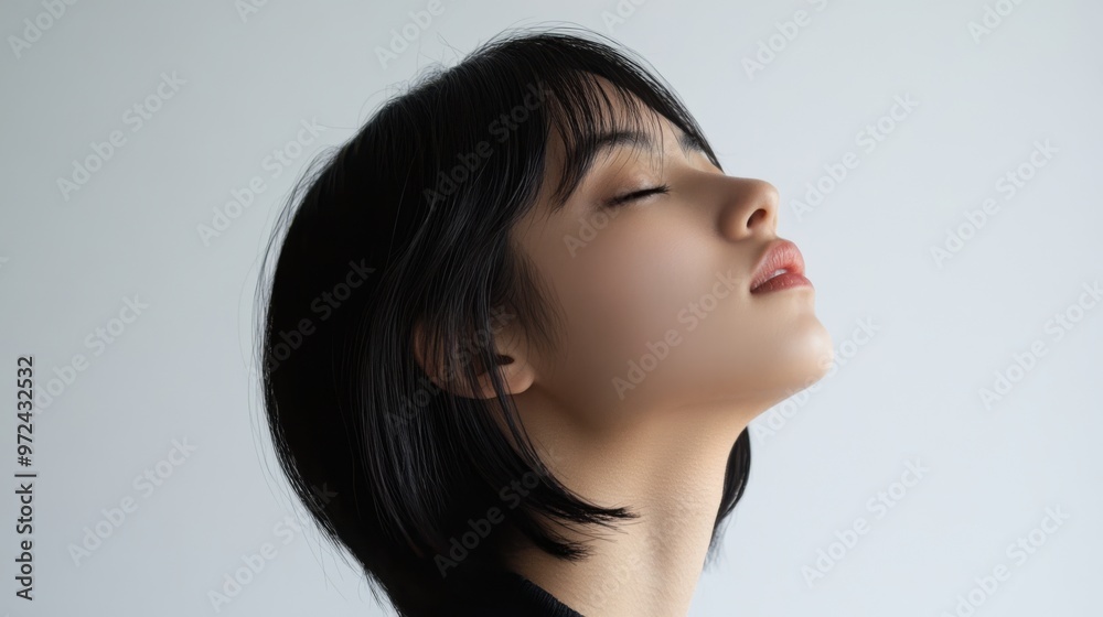 Profile of a Japanese female model deep in thought, standing against a white background Profile of a Japanese female model deep in thought, standing against a white background