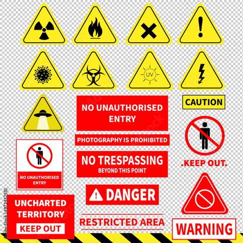 Set of Important Warning and Safety Sign and Icons isolated On Transparent Background. Caution and Danger Industrial Sign and Icons