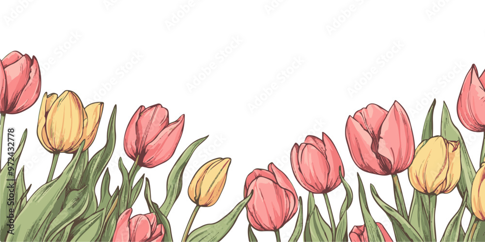 Obraz premium Vector illustration of tulips border with copy space on a white background.