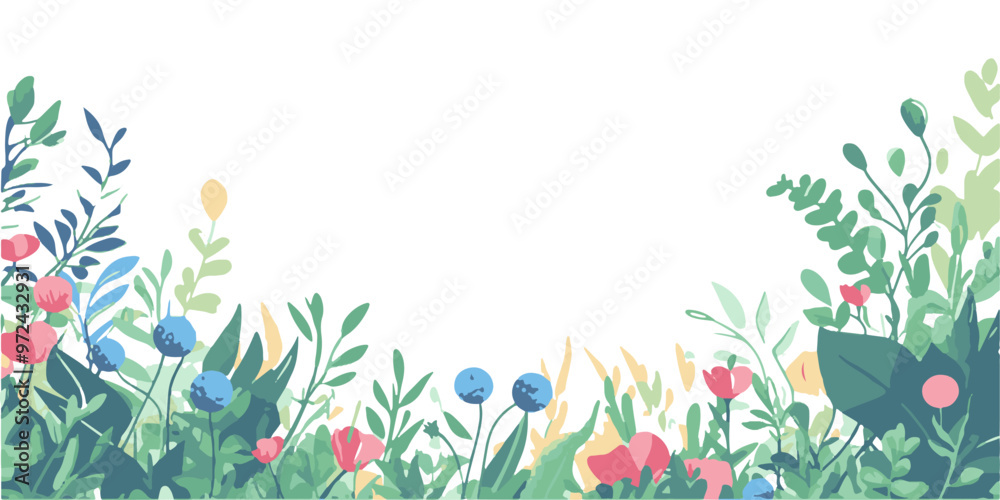 Fototapeta premium Vector illustration of a meadow with blue, pink, and white flowers and green leaves on the bottom edge.