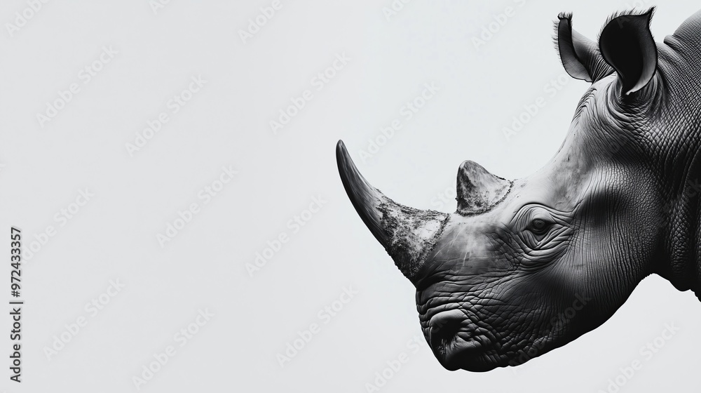 A Rhino with curious eyes looking and peeking from the side of a white background. Minimalist modern style photographed banner background with free space. Generative AI A Rhino with curious eyes looking and peeking from the side of a white background. Minimalist modern style photographed banner background with free space. Generative AI