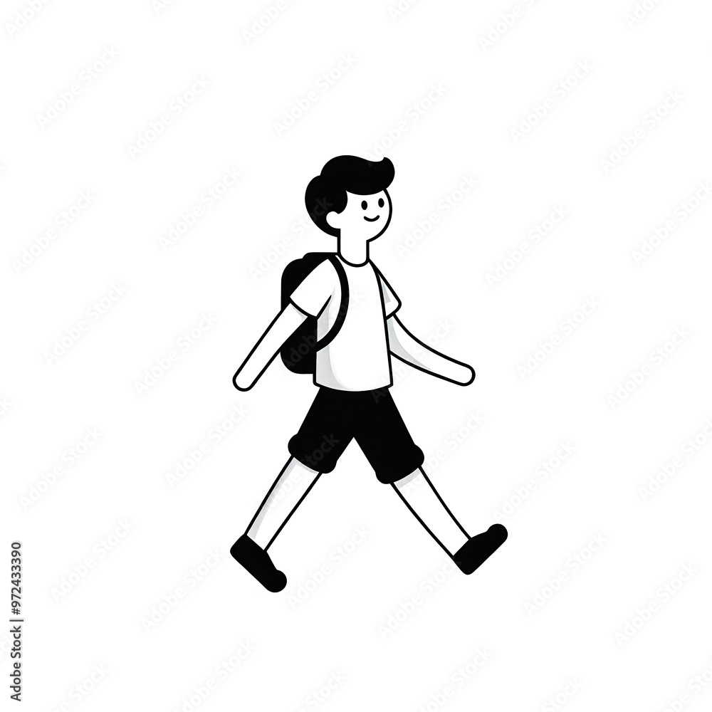 Isolated black and white vector illustration of a cheerful boy walking to school on a white background. Isolated black and white vector illustration of a cheerful boy walking to school on a white background.