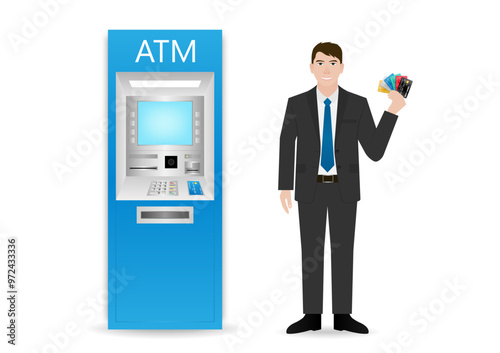 Businessman Using Credit Card to Withdraw Money from ATM. Vector Illustration.