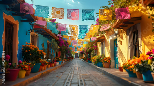 Colorful Street Decorated With Flowers and Paper Lanterns Photo