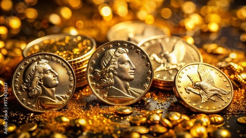 A selective focus shot of gleaming American coins, including eagles, liberty heads, and buffalo nickels, scattered