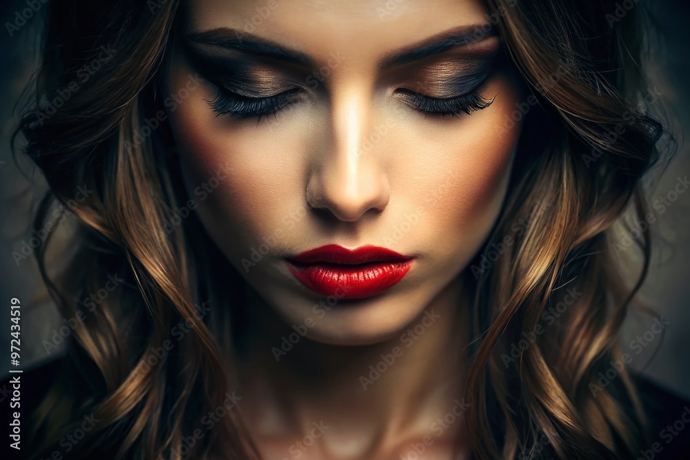 A sensually lit, close-up portrait of a person's face, eyes cast downward, lips slightly parted, with a subtle, A sensually lit, close-up portrait of a person's face, eyes cast downward, lips slightly parted, with a subtle,