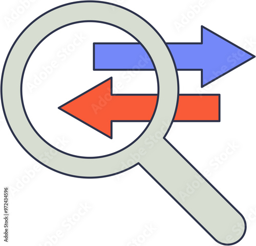 Magnifying glass over two arrows pointing in opposite directions, symbolizing comparison or decision analysis.