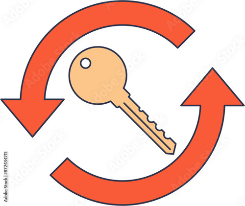 Key inside rotating arrows, symbolizing access, security, and cyclic processes.