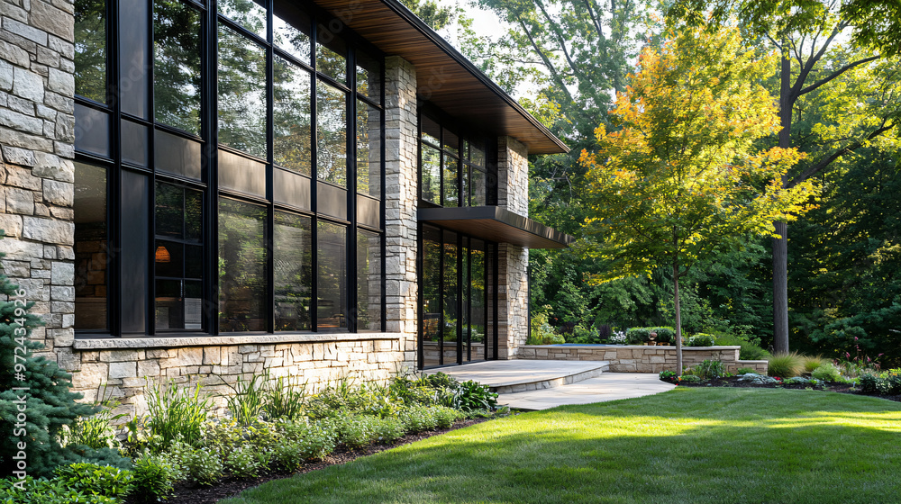 Obraz premium Modern residence featuring large windows, a natural stone exterior, and a beautifully manicured garden