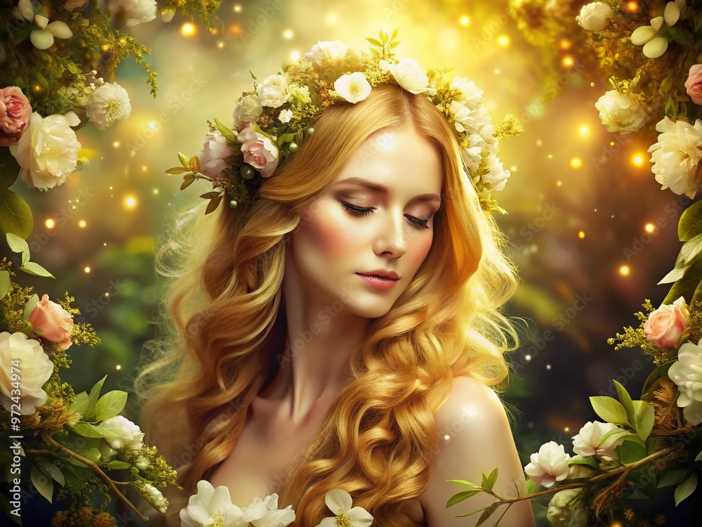 A serene and ethereal woman with glowing skin and flowing golden hair embodies the essence of beauty, surrounded A serene and ethereal woman with glowing skin and flowing golden hair embodies the essence of beauty, surrounded