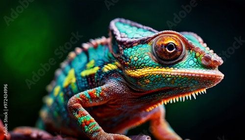 A vivid close-up of a chameleon showcasing its vibrant colors and intricate patterns. The intense focus on its eye and textured scales highlights the reptile's unique beauty, creating a striking and