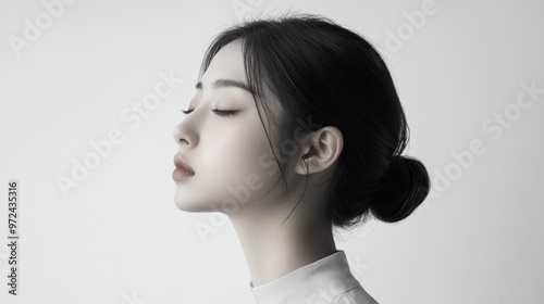 Simple and elegant image of a Japanese model in a thinking pose, standing against