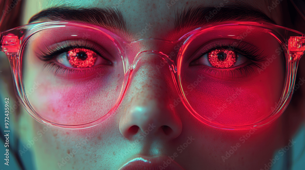 Stunning close-up of a person wearing pink-tinted glasses with captivating red eyes, showcasing modern digital artistry Stunning close-up of a person wearing pink-tinted glasses with captivating red eyes, showcasing modern digital artistry