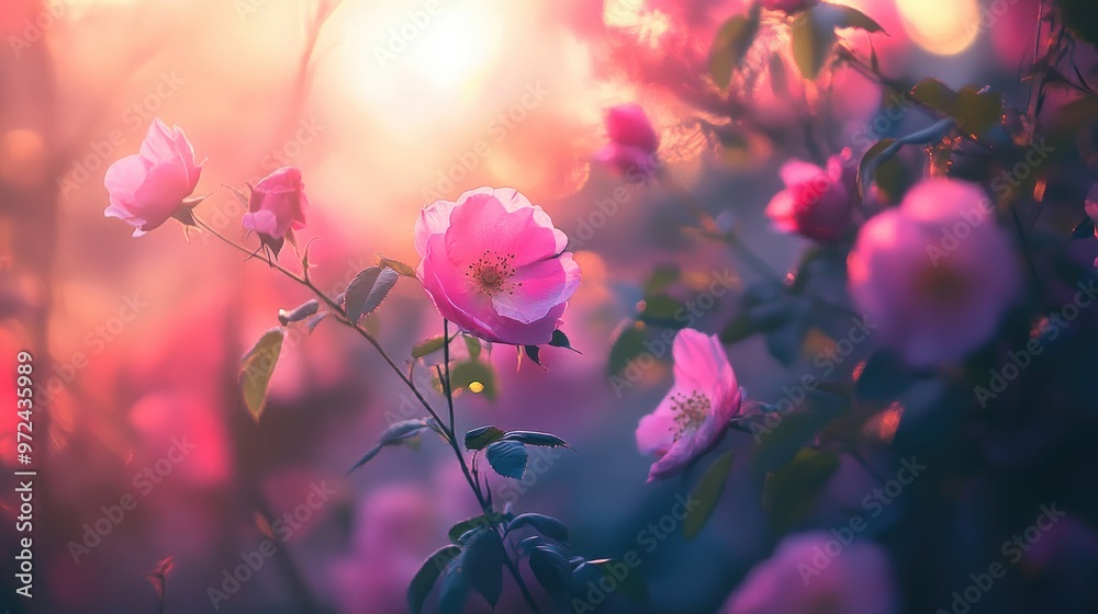Obraz premium Pink roses bloom in a garden bathed in warm, golden sunset light.