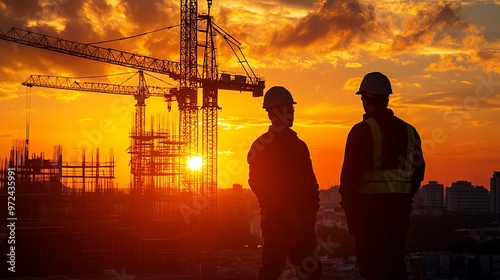 Two construction workers, silhouetted by the setting sun, stand at a construction site with equipment and cranes visible in the background, emphasizing the work environment.