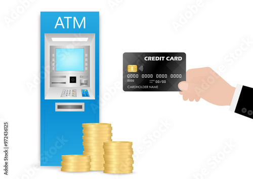 Businessman Using Credit Card to Withdraw Money from ATM. Vector Illustration.