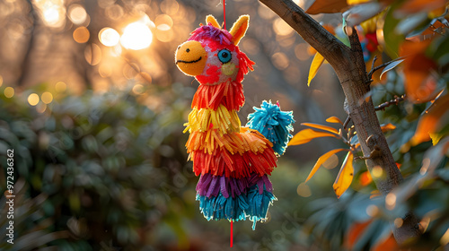 Wallpaper Mural Rainbow Llama Pinata Hanging from a Tree Branch - Illustration Torontodigital.ca