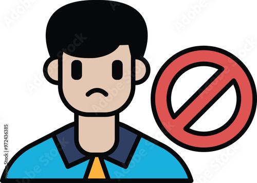 A man with a frowning face is standing in front of a no sign