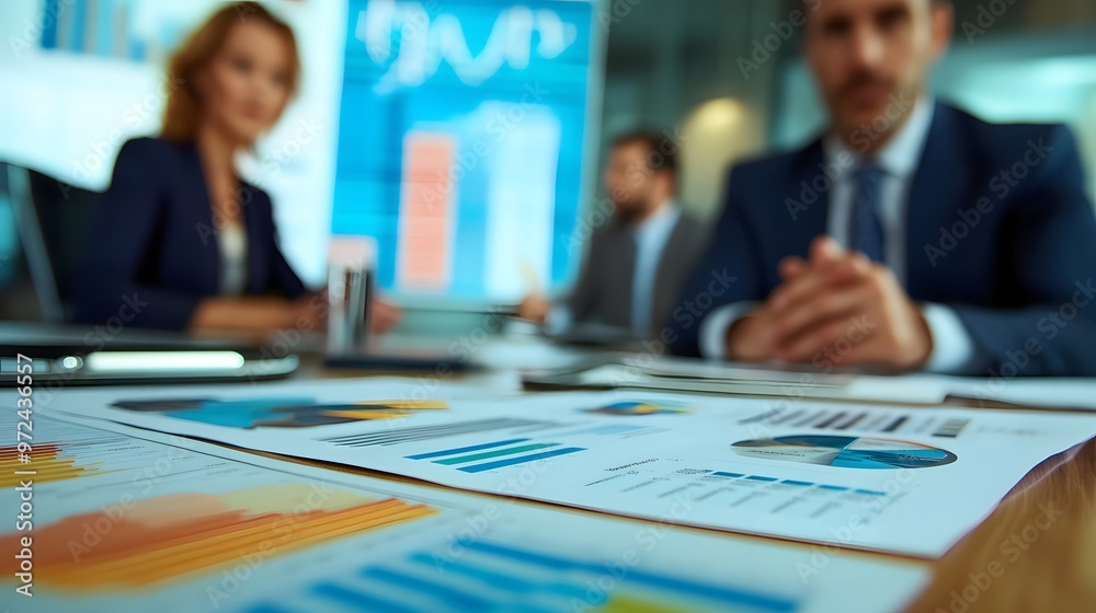 Businesspeople in a meeting with charts and graphs on a table Businesspeople in a meeting with charts and graphs on a table