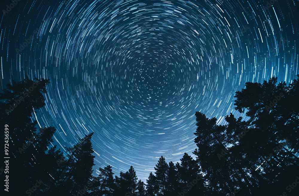 Fototapeta premium A mesmerizing star trail photograph showcasing swirling stars above a dark forest silhouette, creating a beautiful celestial pattern against a deep blue sky.