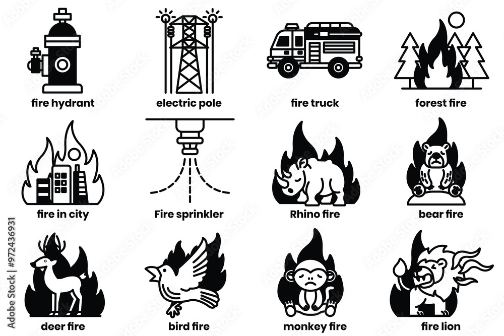 Set of illustrations in the concept of forest fire and fire in line art style. Set of illustrations in the concept of forest fire and fire in line art style.