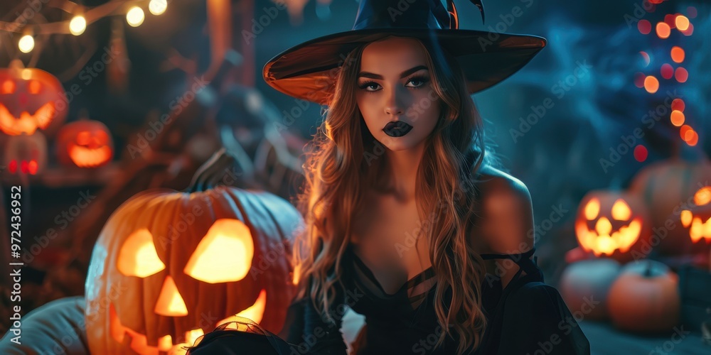 A young woman dressed as a witch with a black hat poses among glowing jack-o'-lanterns at night. The scene is illuminated by string lights, creating a spooky and magical Halloween atmosphere A young woman dressed as a witch with a black hat poses among glowing jack-o'-lanterns at night. The scene is illuminated by string lights, creating a spooky and magical Halloween atmosphere