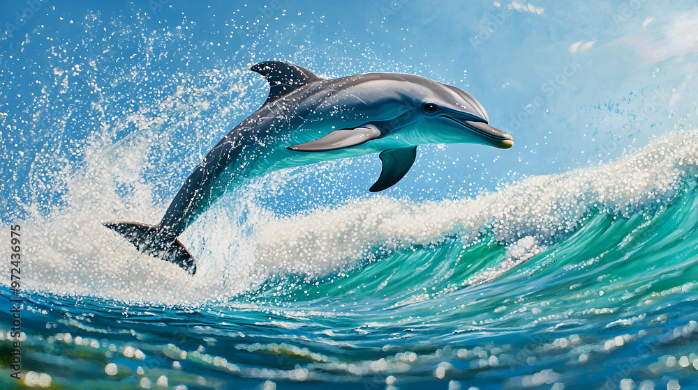 Fototapeta premium A playful dolphin leaping above crystal-clear ocea