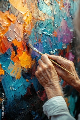 Senior artist painting vibrant abstract canvas indoors, showcasing creativity and passion