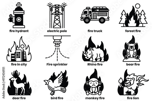 Set of illustrations in the concept of forest fire and fire in line art style.