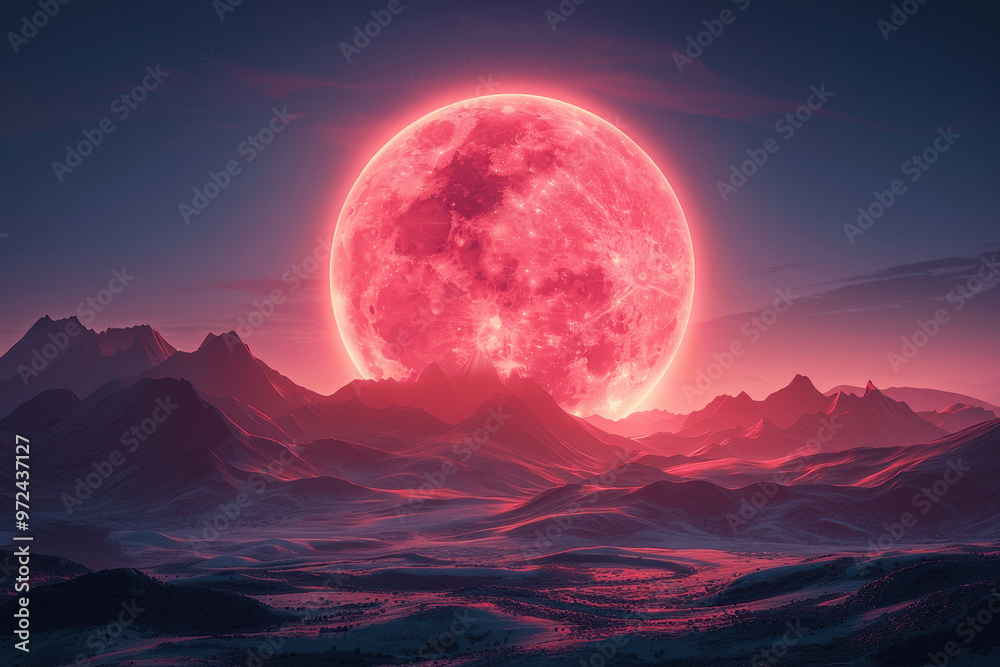 A stunning landscape illuminated by a large pink moon over rolling hills and mountains during twilight hours A stunning landscape illuminated by a large pink moon over rolling hills and mountains during twilight hours