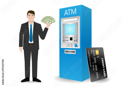 Businessman Withdrawing Money from ATM. Vector Illustration.