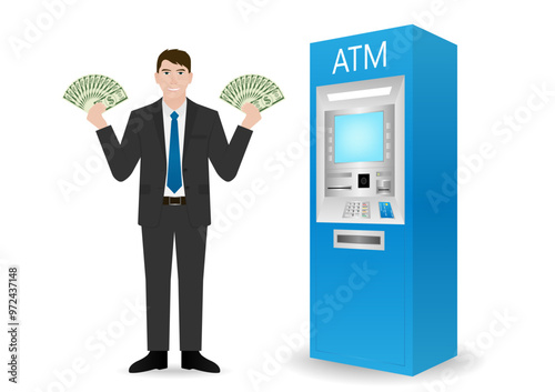Businessman Withdrawing Money from ATM. Vector Illustration.