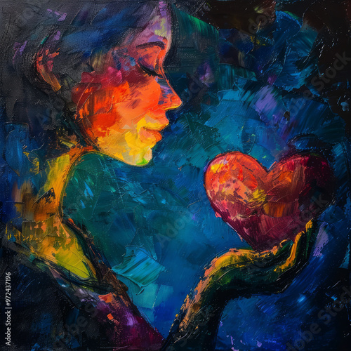 A painting of a person holding a heart, figurativism photo