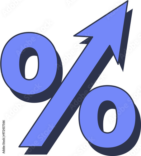 Blue percent sign with upward arrow symbolizing increasing interest rates or investment growth.