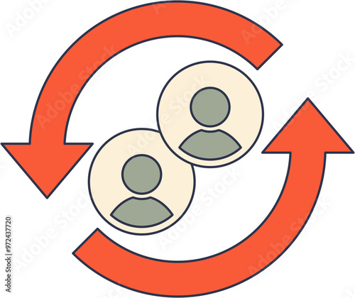 Two user profiles inside rotating arrows, symbolizing user interaction or data exchange.