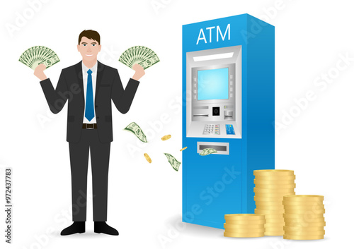 Businessman Withdrawing Money from ATM. Vector Illustration.