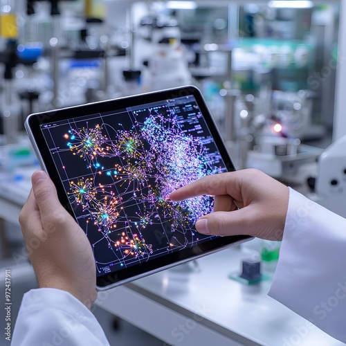 Scientist in a modern laboratory using a digital tablet to analyze complex data visualizations, representing scientific research or biotechnology studies in a cutting-edge environment.