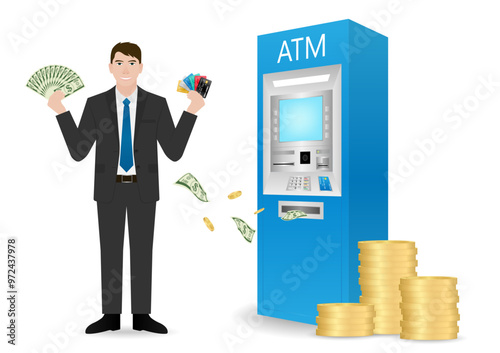 Businessman Using Credit Card to Withdraw Money from ATM. Vector Illustration.