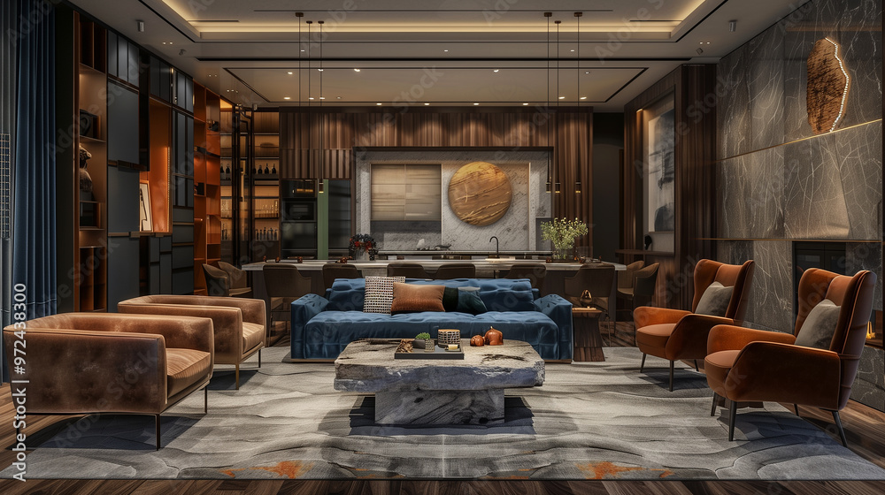 Contemporary living room interior design with a mix of textures, including a velvet sofa, leather chairs, and a stone coffee table.
Contemporary living room interior design with a mix of textures, including a velvet sofa, leather chairs, and a stone coffee table.