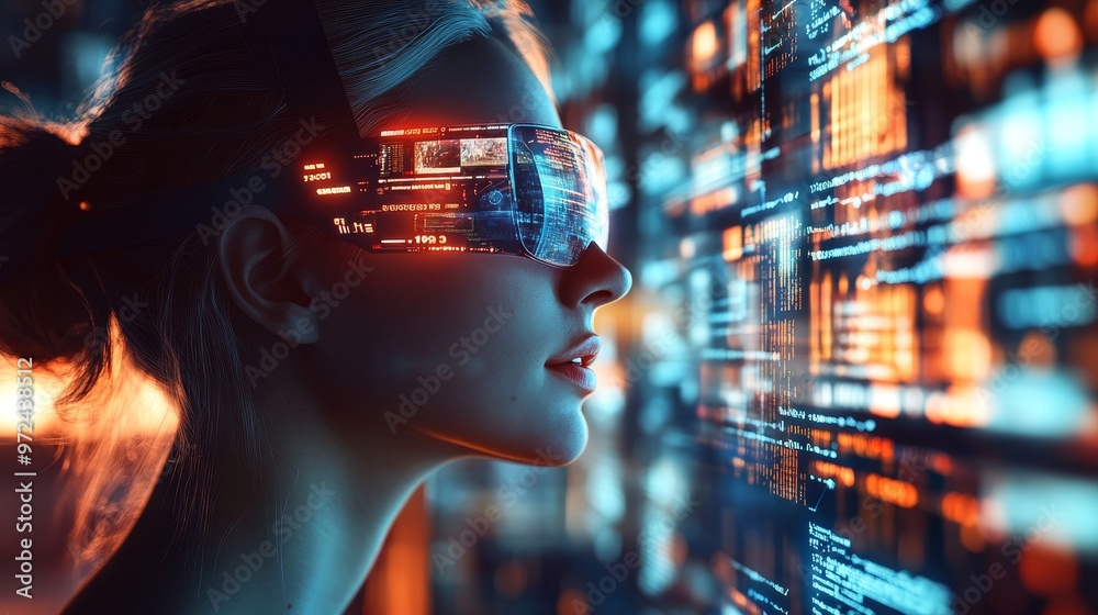Fototapeta premium Futuristic Web Developer in Virtual Reality with Glowing Website Elements and Code: 3D Illustration